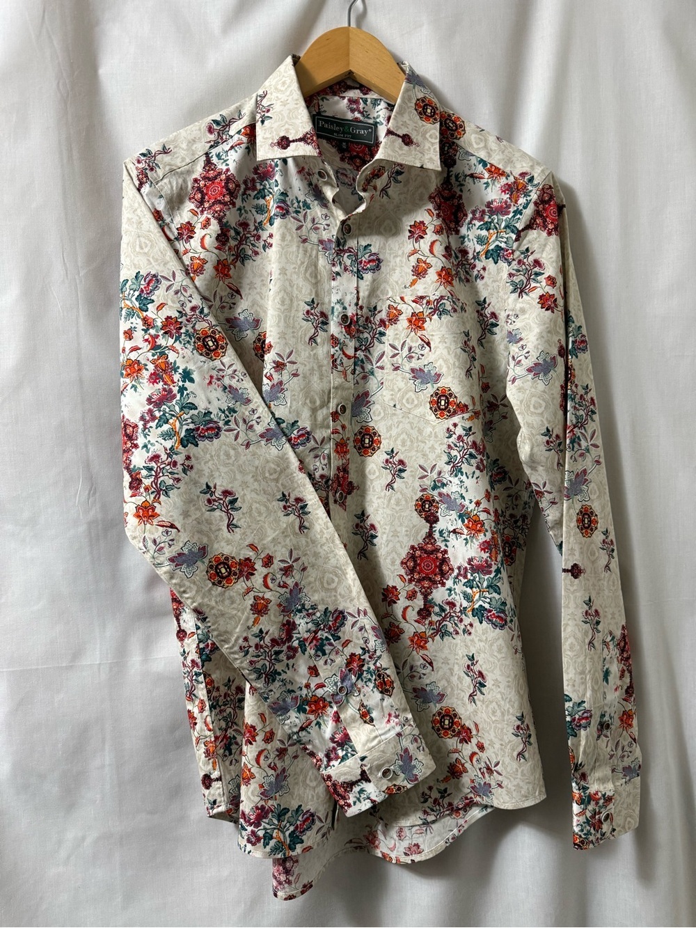Paisley & Gray Cream Shirt with Red, Teal & Orange Floral Men’s Slim Shirt 0154 - Picture 6 of 16
